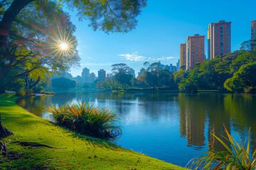 City park with a serene lake overlooked by modern apartments.