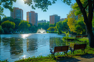 City park with a serene lake overlooked by modern apartments.