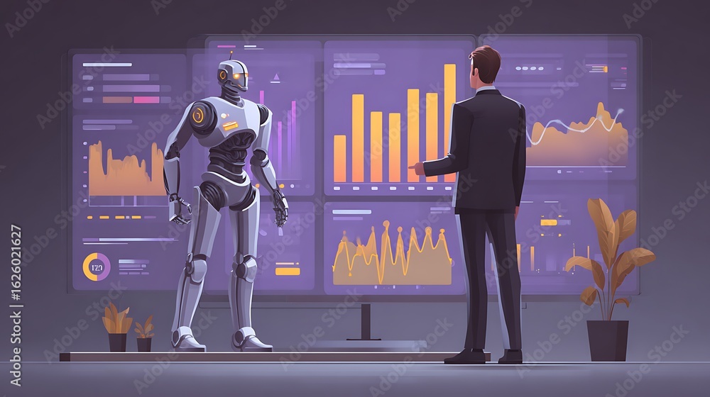 Poster human and robot collaborate on financial data analysis displayed on a large digital screen