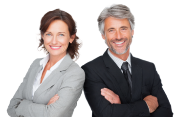 Professional business partners smiling together in office setting. Isolated on transparent background, png.