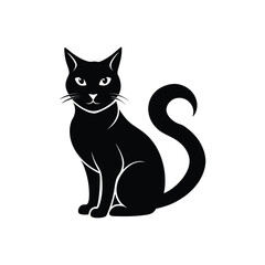A stylized black cat sits attentively, its body outlined with white, featuring a prominent, curled tail and alert ears against a white background.