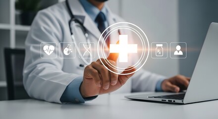 Professional doctor interacting with futuristic medical interface, displaying health icons for advanced healthcare solutions and patient care.