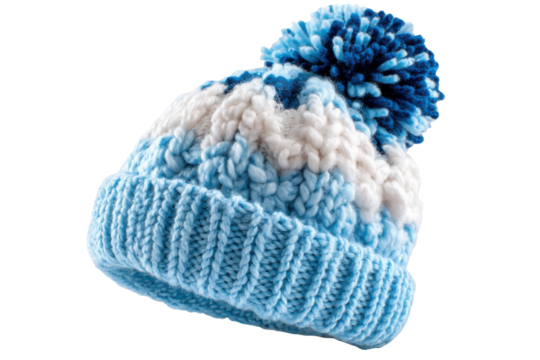 Cozy winter fashion accessory studio knitted beanie soft textures. Isolated on transparent background, png.