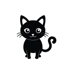 A simple, stylized illustration of a black cat with large white eyes and a playful, curly tail, presented on a white background.
