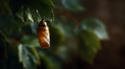 Delicate butterfly chrysalis hanging from a leaf