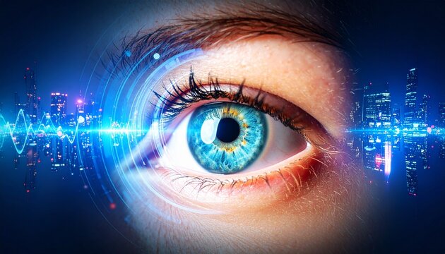 Quantum Ai development concept. Eye with blue iris, digital cityscape and sound wave elements. - Powered by Adobe