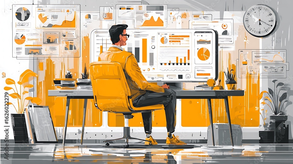 Aufkleber focused professional analyzing complex data charts and graphs on a large computer screen in a modern