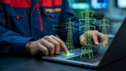 Engineer interacting with power grid design on laptop screen, efficient energy