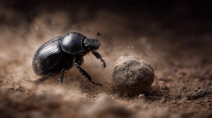 A scarab beetle rolling a ball of dung in the desert  long title A close up view of a scarab beetle diligently rolling a dense ball of dung across