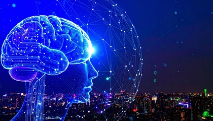 Quantum Ai development concept. Digital brain silhouette with city skyline and technology elements.