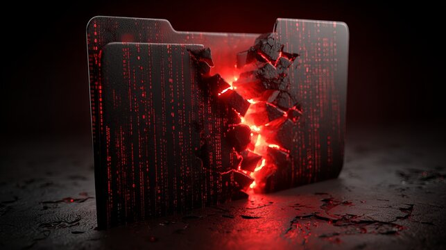 A dramatic digital folder bursting with glowing red light, symbolizing data breaches and cyber threats.