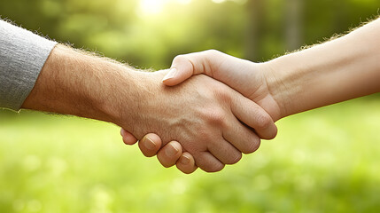 Close-up of a firm handshake between two people against a blurre