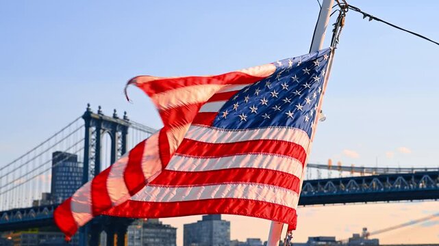American flag and sunset on boat at Cape Cod