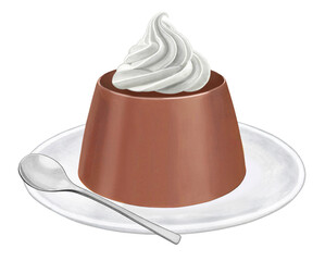 チョコレートプリンのイラスト - 皿スプーン付き