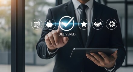 Professional executive confirms successful business delivery using digital interface, highlighting achievement and growth with technology.