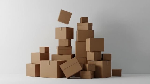 A precarious stack of cardboard boxes, some falling, against a plain white background.