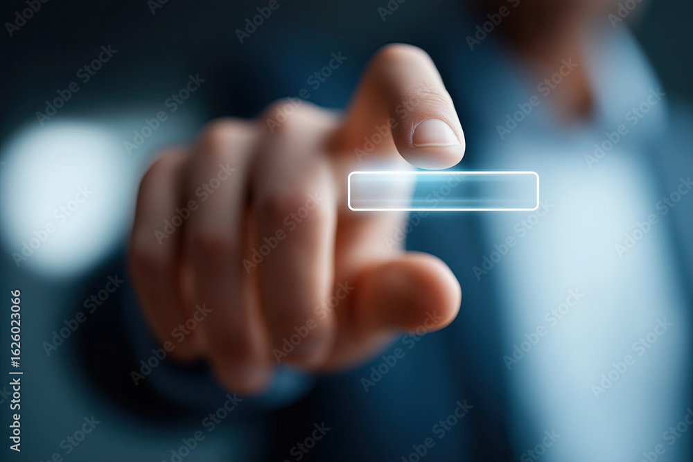 Poster close-up of a hand pressing a glowing futuristic virtual button conceptually.