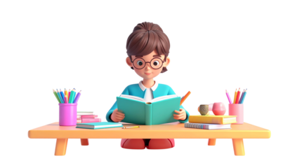 cartoon style student studying at study table stuffed with school stationary books etc back to school editing element png concept 