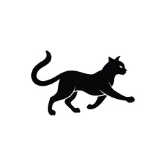 A stylized black cat with bright blue eyes is depicted in a dynamic, walking pose against a white background.