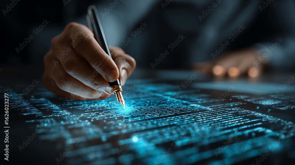 Poster close up of a hand using a tool on a glowing blue circuit board representing technology and innovati