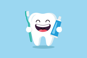 Happy Tooth Cartoon Character with Toothbrush and Toothpaste on Light Blue Background