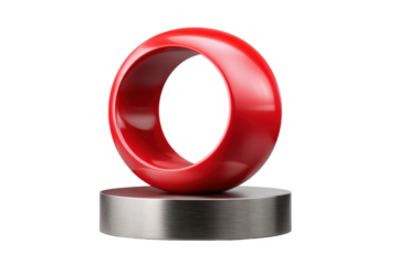 Dynamic red sculpture on silver base studio still life display. Isolated on transparent background, png.