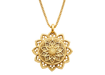 Ornate gold filigree flower pendant necklace isolated on transparent background, a luxurious and vintage jewelry piece for a stylish woman