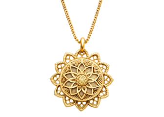 Ornate gold filigree flower pendant necklace isolated on transparent background, a luxurious and vintage jewelry piece for a stylish woman