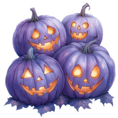 Purple Halloween pumpkins with smiling faces and glowing eyes, spooky and creepy horror decor 