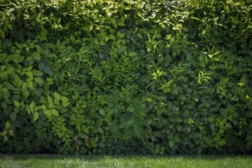 Obraz premium A thick wall of green leaves forming a hedge, with sunlight dappling the dense foliage in a garden