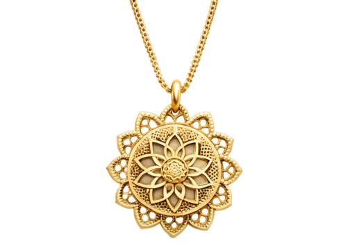 Ornate gold filigree flower pendant necklace isolated on transparent background, a luxurious and vintage jewelry piece for a stylish woman
