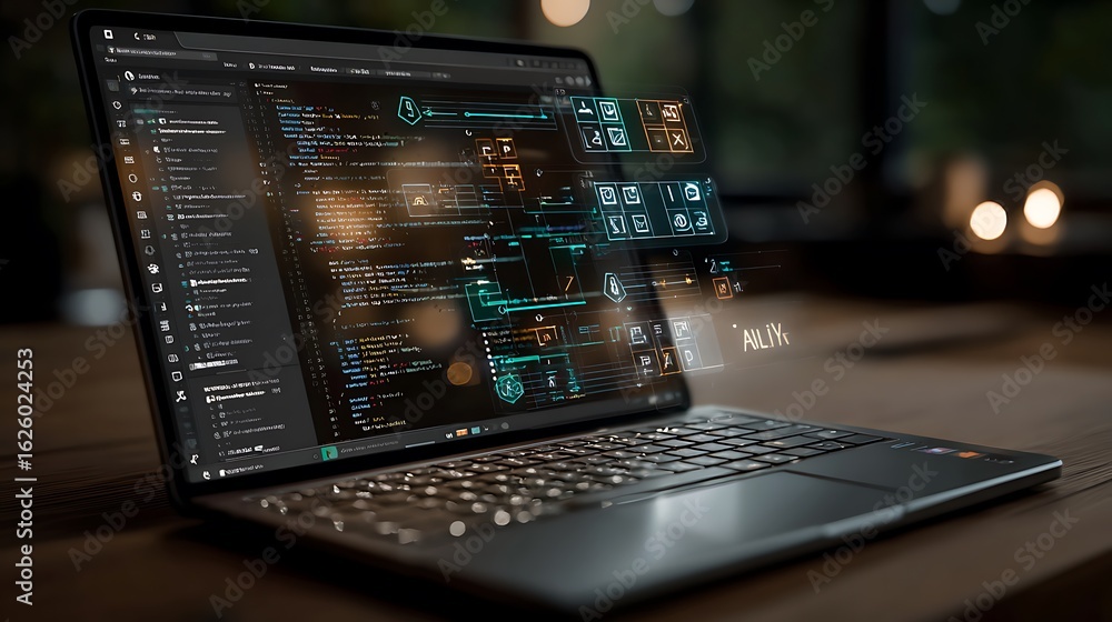 Poster futuristic laptop displaying glowing holographic code and data streams in a dimly lit modern environ