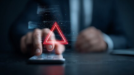 A businessman pressing a smartphone with an overlay of a glowing red warning triangle, symbolizing alert or caution.