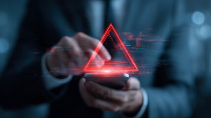 A businessman interacting with a digital screen displaying a red warning symbol, conveying urgency and caution.