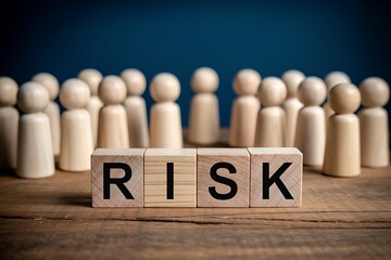 Wooden blocks spelling out the word risk with a blurred background of many small figures representing a group or team