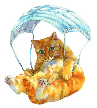 Orange Cat Parachuting with a Face Mask