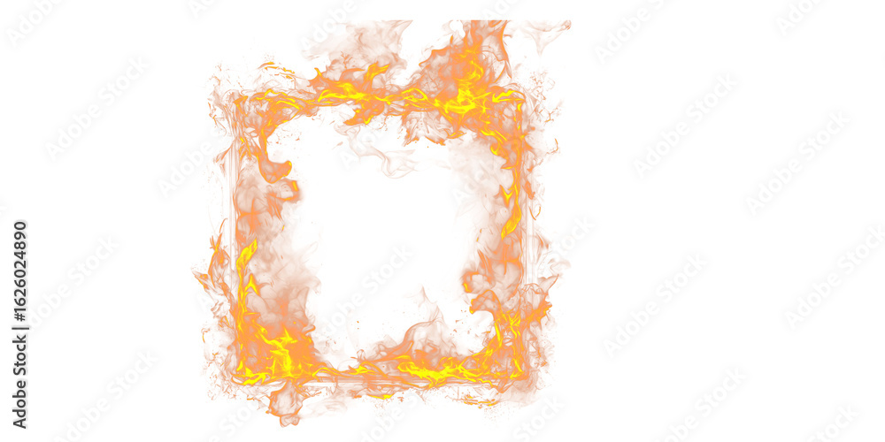 Poster a fiery square frame with intense orange flames against a stark black background creating a bold des