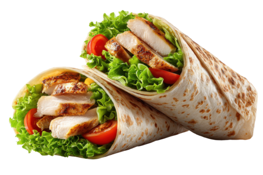 Mouthwatering grilled chicken wraps a kitchen photography highlight. Isolated on transparent background, png.