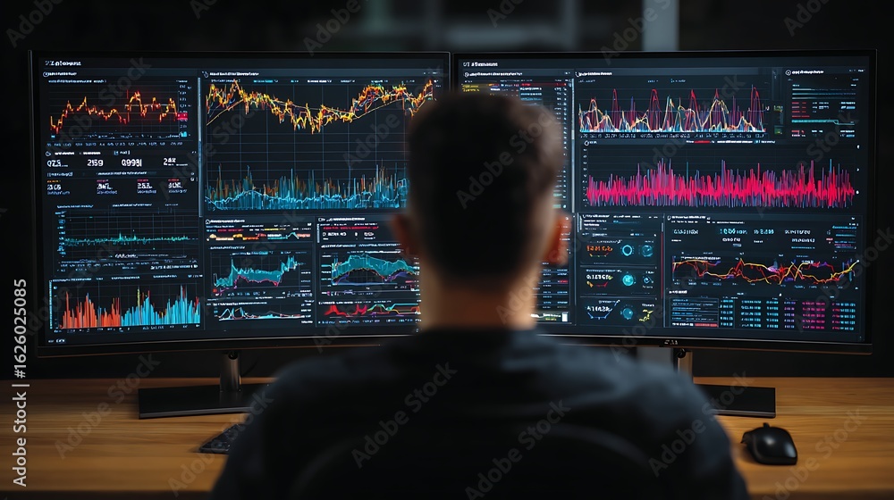 Poster trader analyzing complex financial market data on multiple screens in a dimly lit room