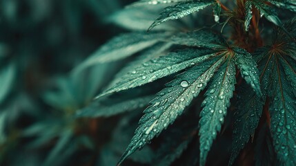 Obraz premium Water drops on dark green leaves