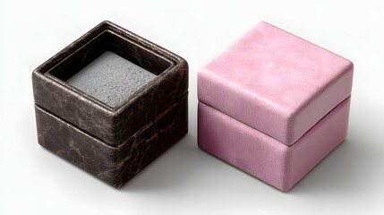 Two square gift boxes, one dark brown and one light pink.