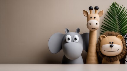 Playful Animal Figurines on Neutral Background with Green Leaf