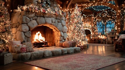 Cozy christmas living room with stone fireplace and decorated tree