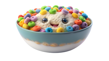 A bowl of colorful cereal loops with a cute face character isolated on transparent background