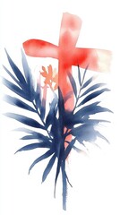 Fototapeta premium Christian Aid Week Watercolor red cross with blue leaves and orange flower