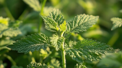 Be Nice to Nettles Week Close-up of lush green nettle plant in sunlight with serrated leaves