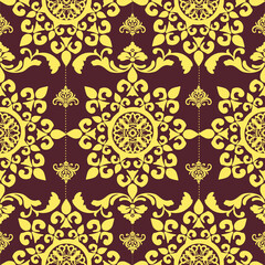 Thai floral damask pattern in gold on maroon background. Elegant and formal, suitable for invitation design, luxury backgrounds, and Thai-inspired decoration.