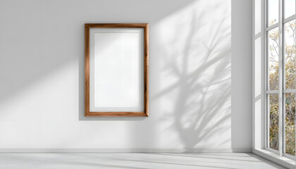 Fototapeta premium Empty wooden picture frame display on pristine white wall, tall vertical art template, clipart style. with white shades