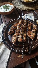 Grilled chicken skewers with herbs and spices on a rustic wooden table
