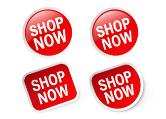 Shop now button stickers in red color for online shopping isolated on transparent background